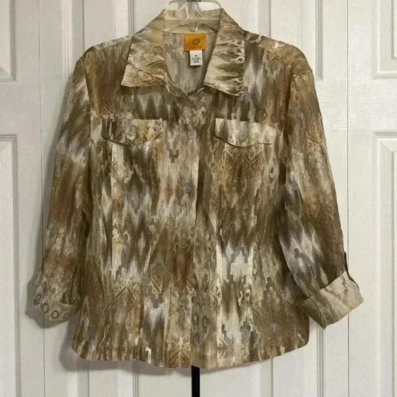 Ruby Rd cream tan & brown button down shirt - Picture 1 of 13